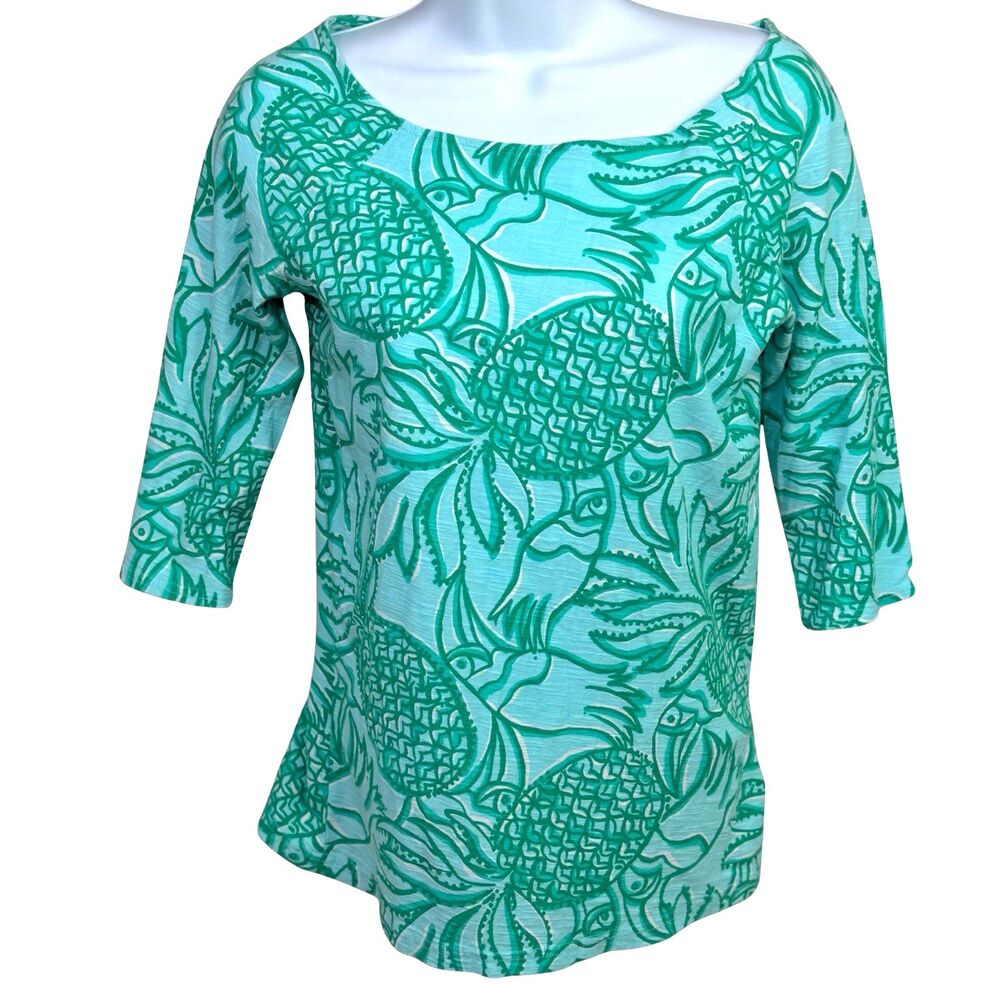 Lilly Pulitzer Top Shirt Tee M Green TOUCAN TANGO Boatneck 3/4 Sleeves